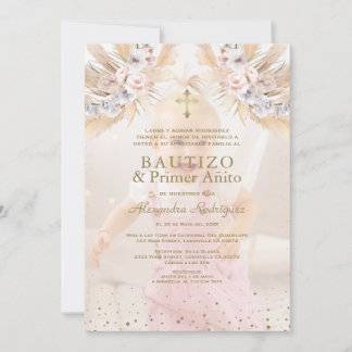 Invitación Elegante Pampas Primer Floral Grass Añito Bautizo