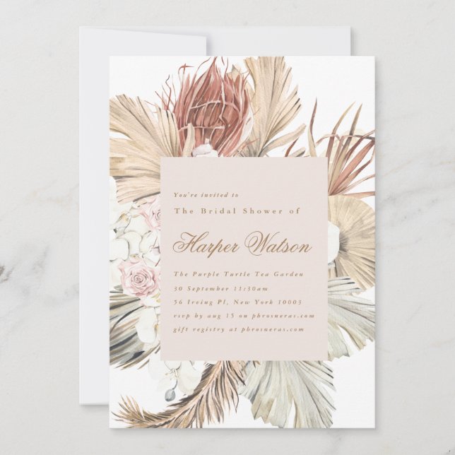 Invitación Elegante Pampas Tropical Romántica Ducha De Novias (Anverso)