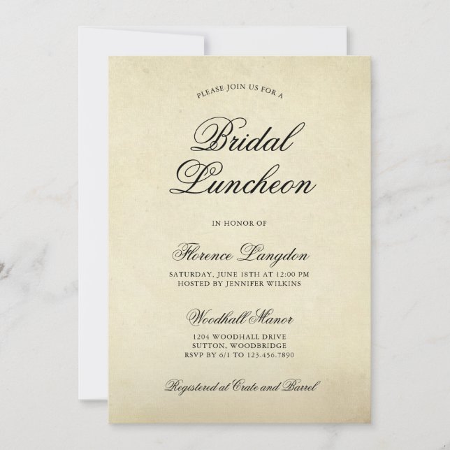 Invitación Elegante papel de cosecha de papel de novia Lunche (Anverso)