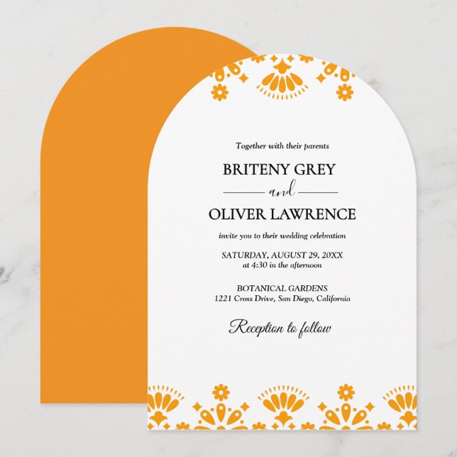Invitación Elegante papel picado dorado para bodas (Anverso / Reverso)