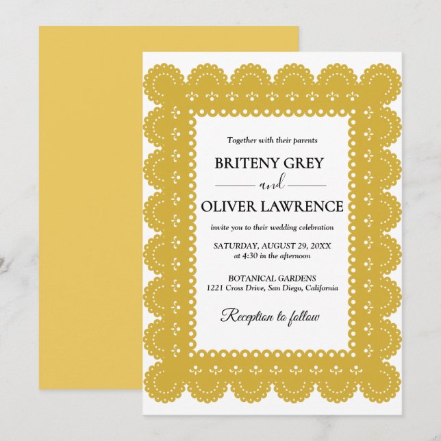 Invitación Elegante Papel Picado dorado para deshierbar (Anverso / Reverso)
