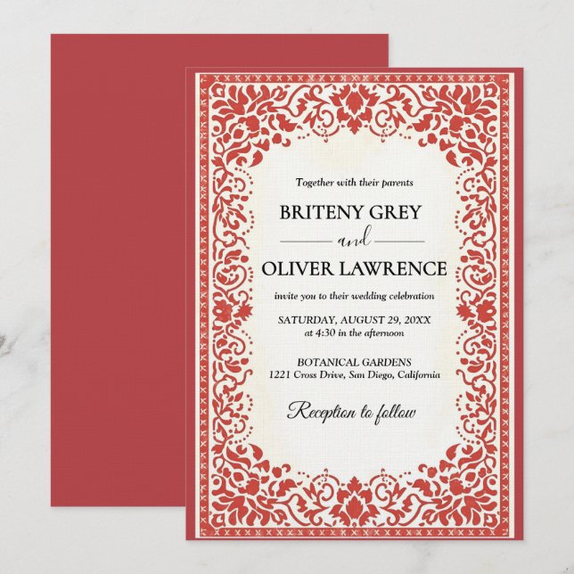 Invitación Elegante Papel Picado Rojo desmalezando (Anverso / Reverso)