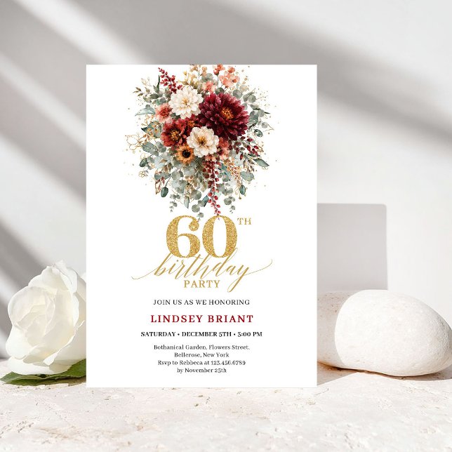Invitación elegante para 60 cumpleaños en oro Mars (Stylish Marsala Gold Autumn 60th Birthday Invite

)
