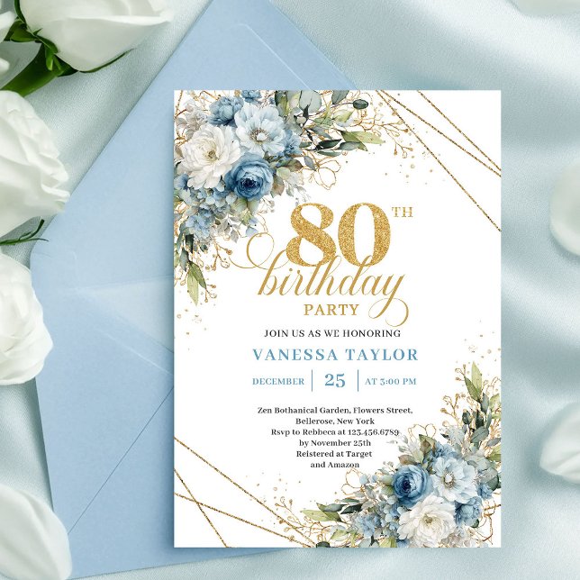 Invitación elegante para 80 cumpleaños con flores  (Celebrate a milestone in style with this boho 80th birthday invitation, featuring watercolor dusty b)