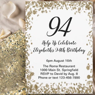 Invitación elegante para 94 cumpleaños negro y dor