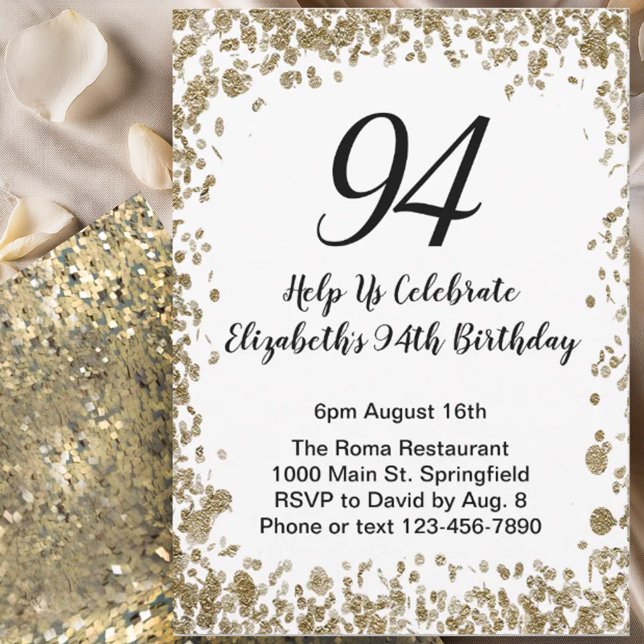 Invitación elegante para 94 cumpleaños negro y dor (Subido por el creador)