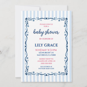 Invitación elegante para baby shower I Rayas y azu