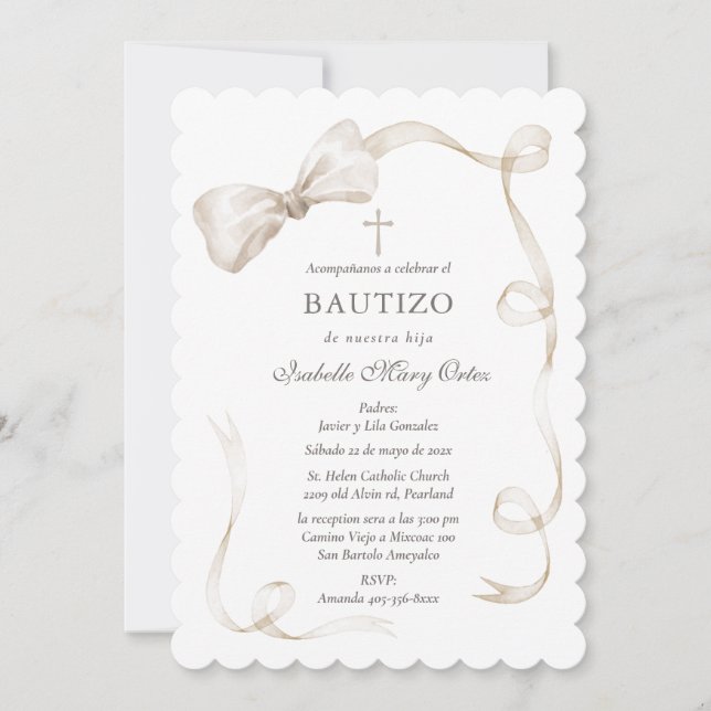 Invitación Elegante para Bautizo De Niña En Tonos Beige (Anverso)