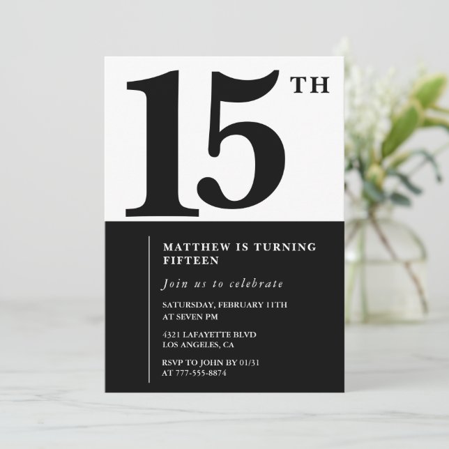 Invitación elegante para cumpleaños 15 negro chic  (Anverso de pie)