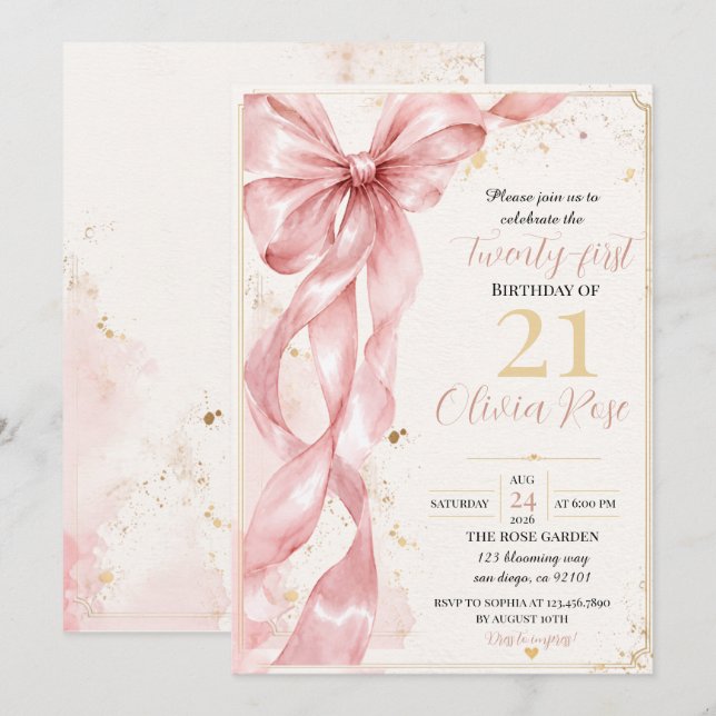Invitación elegante para cumpleaños 21 con lazo ro (Anverso / Reverso)