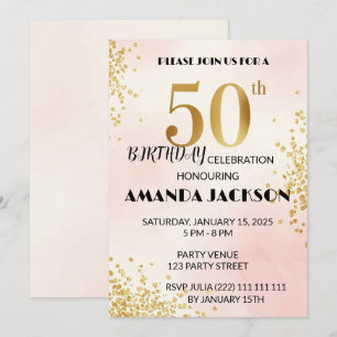 Invitación elegante para cumpleaños 50 dorado y ro