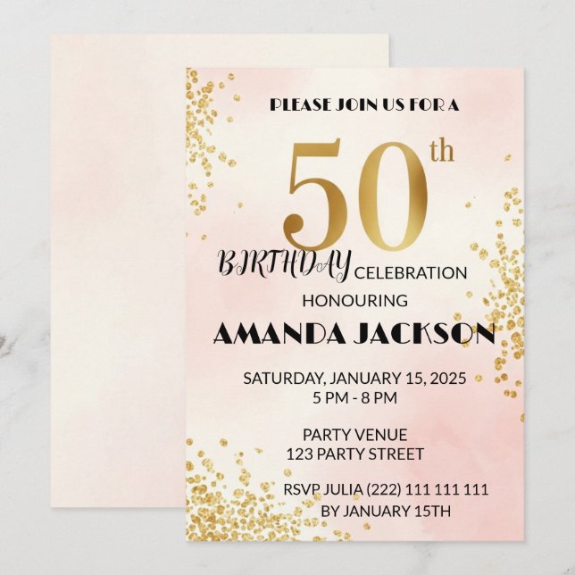 Invitación elegante para cumpleaños 50 dorado y ro (Anverso / Reverso)