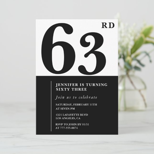 Invitación elegante para cumpleaños 63 de mujer Ne (Anverso de pie)