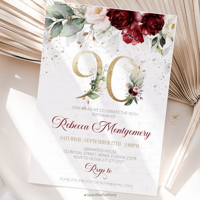 invitación elegante para cumpleaños 90 (90th birthday invitation, editable sage green invitation, elegant floral design,  year old brunch, 9)