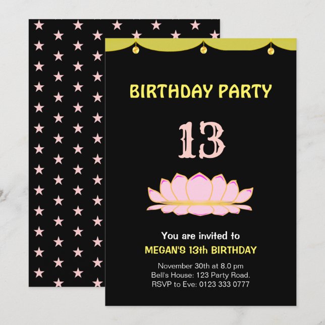 Invitación elegante para cumpleaños número 13 (Anverso / Reverso)