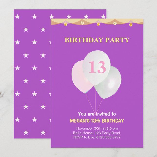 Invitación elegante para cumpleaños número 13 (Anverso / Reverso)