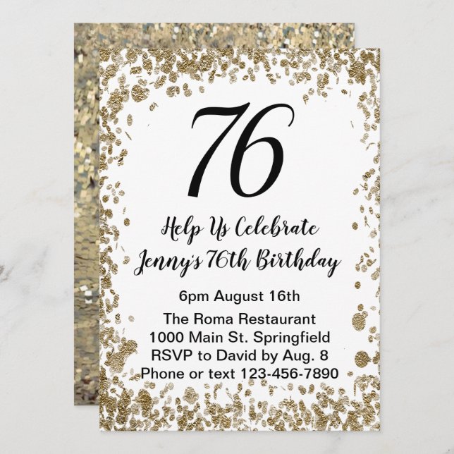 Invitación elegante para el 76 cumpleaños en negro (Anverso / Reverso)