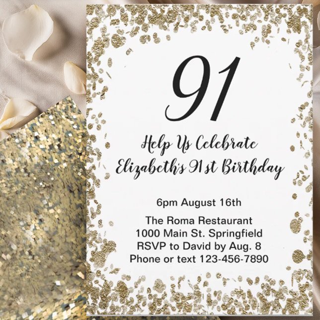 Invitación elegante para el 91 cumpleaños en negro (Subido por el creador)