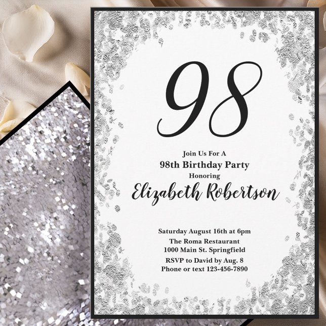 Invitación elegante para el 98 cumpleaños en plata (Subido por el creador)