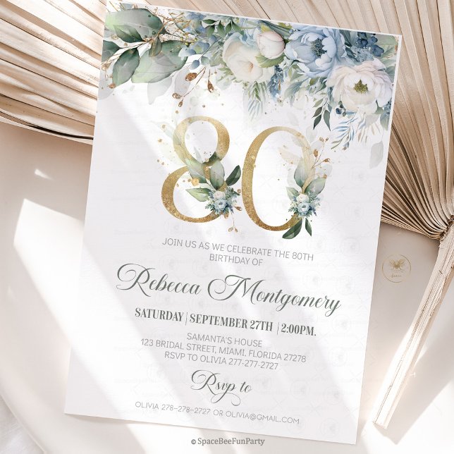 invitación elegante para el cumpleaños 80 (80th birthday invitation, editable sage green invitation, elegant floral design,  year old brunch, 8)
