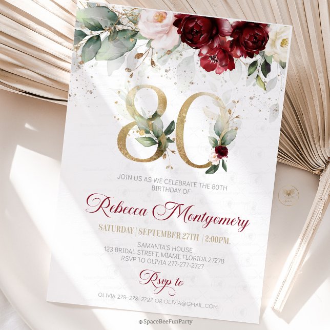 invitación elegante para el cumpleaños 80 (80th birthday invitation, editable sage green invitation, elegant floral design,  year old brunch, 8)
