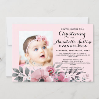 Invitación elegante para evento de bautizo floral 