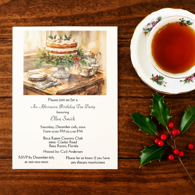 Invitación elegante para fiesta de cumpleaños con  (Christmas birthday tea party invitation template )