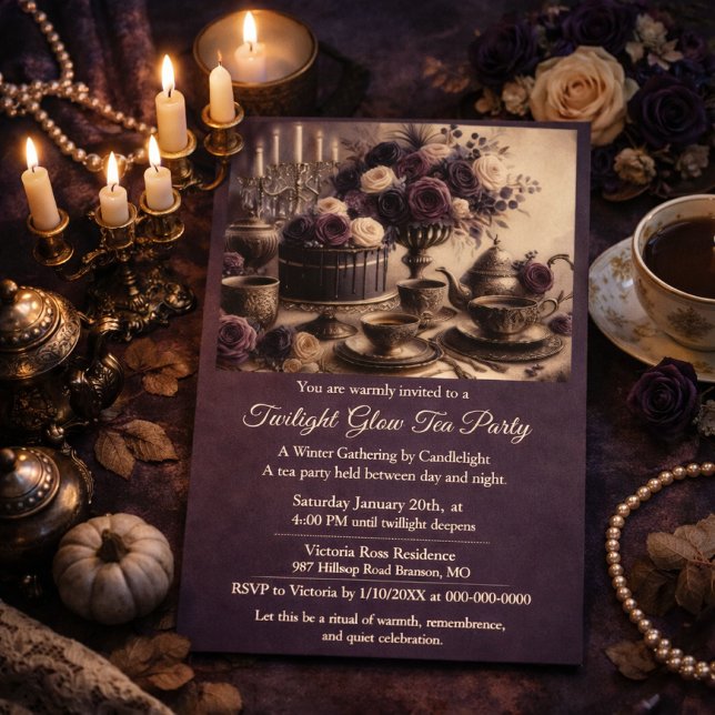 Invitación elegante para fiesta de té invernal al  (Moody winter tea invite styled on a velvet backdrop with candles for an editorial look )