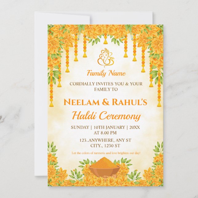 Invitación elegante para la ceremonia de Haldi (Anverso)