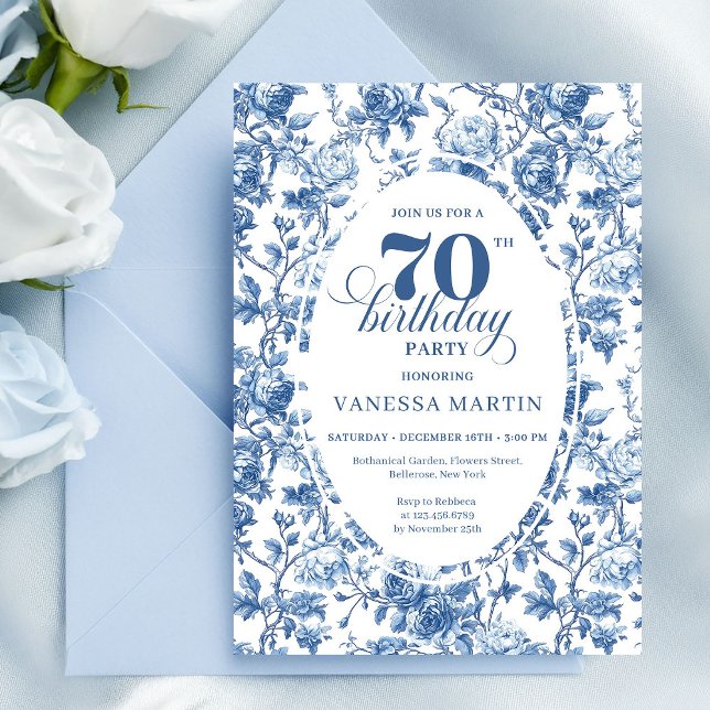 Invitación elegante para la fiesta del 70 cumpleañ (navy roses toile de jouy 70th birthday invitation
)