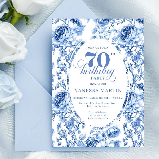 Invitación elegante para la fiesta del 70 cumpleañ (Deep Blue 70th Birthday Elegant Party Invitation)