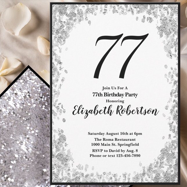 Invitación elegante para su 77 cumpleaños en plata (Subido por el creador)