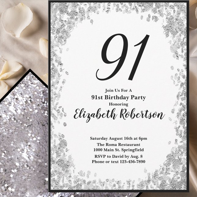 Invitación elegante para su 91 cumpleaños en plata (Subido por el creador)