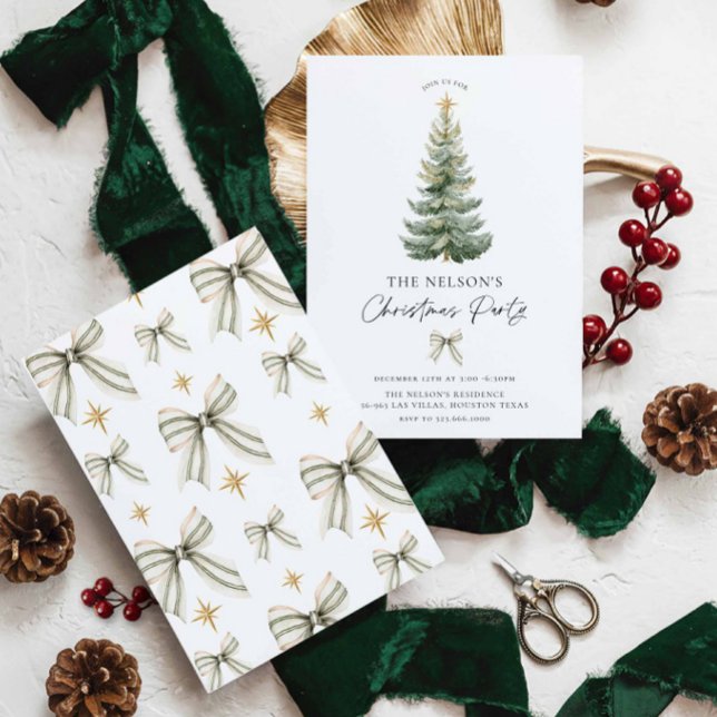 Invitación elegante para una fiesta de Navidad (Classic Christmas Holiday Party Invitation - featuring Christmas tree and green bows)
