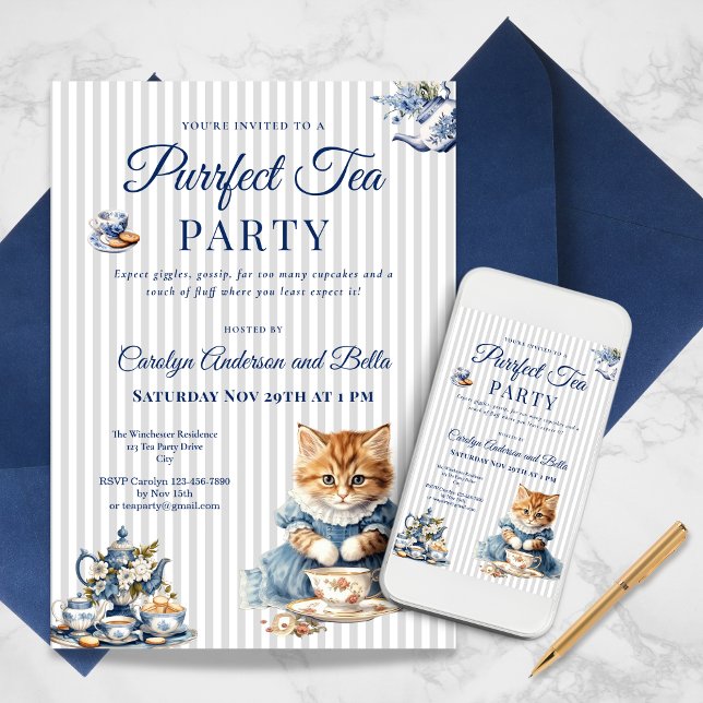 Invitación elegante para una fiesta de té de gatos (Elegant Cat Tea Party Invitation Template)
