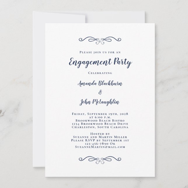 Invitación Elegante Pareja de Fiesta de Compromiso Caligrafía (Anverso)