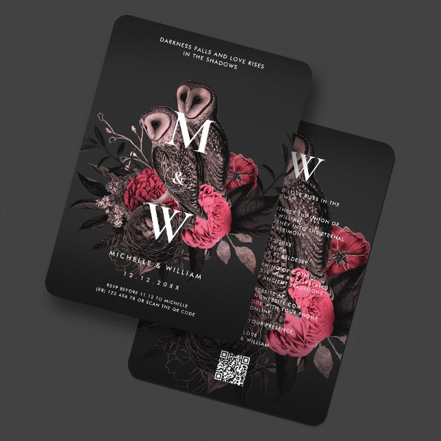 Invitación Elegante Pareja de Lechuza Boda Gótico Rosa Oscuro (Elegant Owl Couple Gothic Wedding Dark Pink Rose Invitation
)