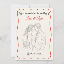 Invitación Elegante Pareja de Novios con Arte de Línea Roja y