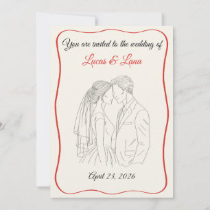 Invitación Elegante Pareja de Novios con Arte de Línea Roja y