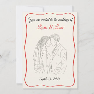Invitación Elegante Pareja de Novios con Arte de Línea Roja y