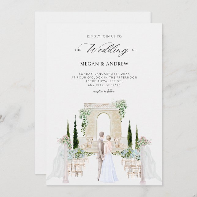 Invitación Elegante pareja estética boda jardín acuarela (Anverso / Reverso)