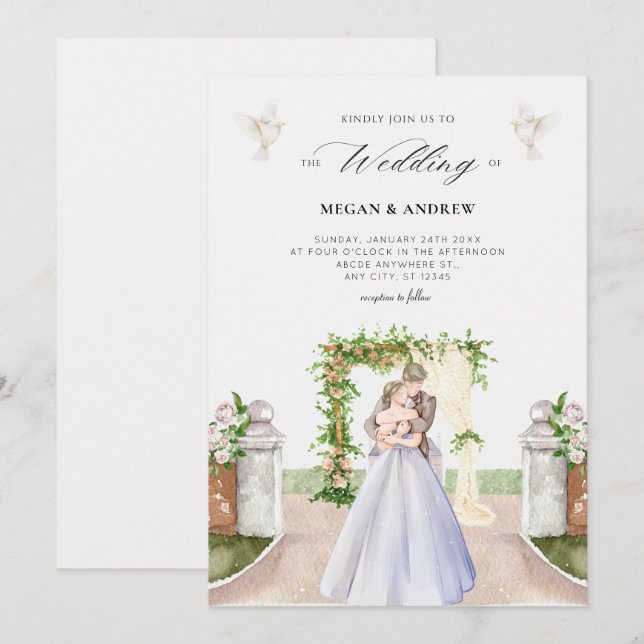 Invitación Elegante pareja estética boda jardín acuarela (Anverso / Reverso)
