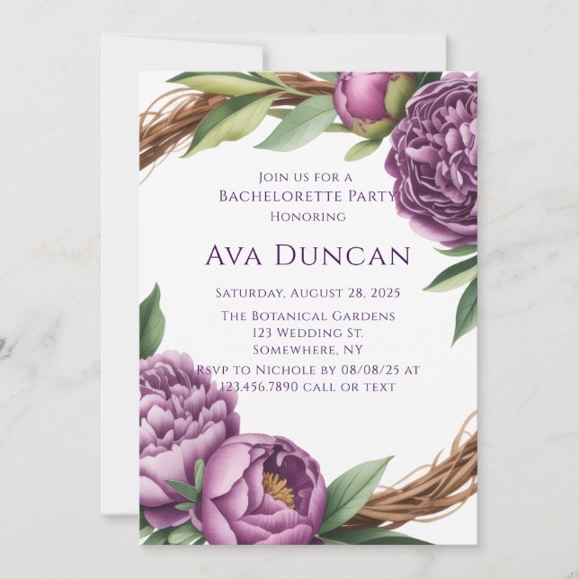 Invitación Elegante partido Bachelorette de Purple Peonies (Anverso)