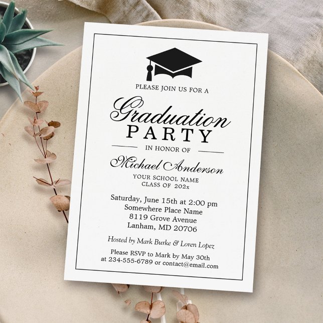 Invitación Elegante Partido Clásico de Graduación Blanca Negr (Subido por el creador)
