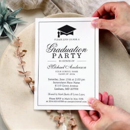 Invitación Elegante Partido Clásico de Graduación Blanca Negr