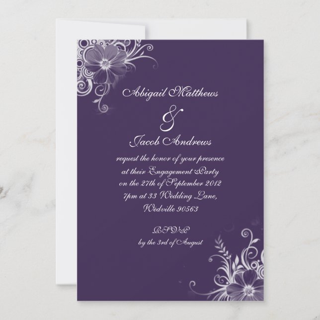 Invitación Elegante Partido Compromiso De Flores Púrpura Y Bl (Anverso)