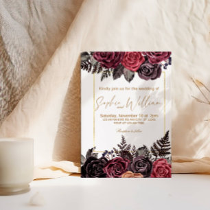 Invitación Elegante partido de bodas de rosas negras y rojas