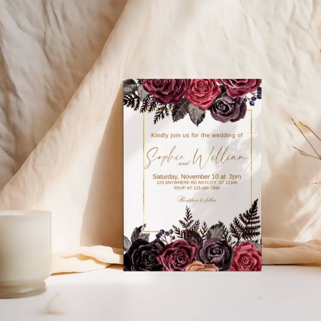 Invitación Elegante partido de bodas de rosas negras y rojas (Subido por el creador)