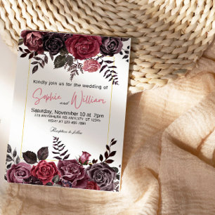 Invitación Elegante partido de bodas de rosas negras y rojas
