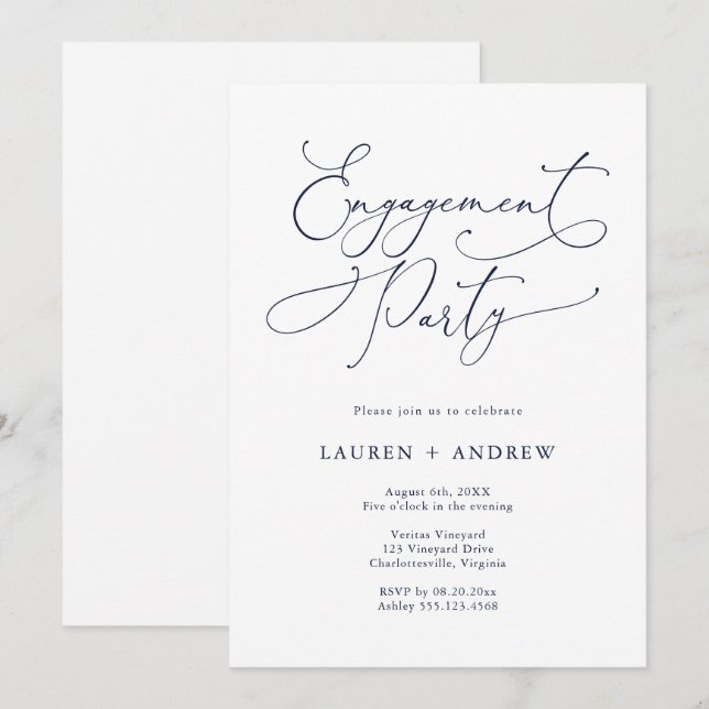 Invitación Elegante Partido de Compromiso Azul de la Marina (Anverso / Reverso)